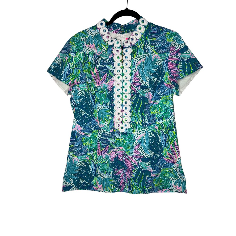 Lilly Pulitzer Kerry Short Sleeve Stretch Top Botanical Green Holiday In The Sun